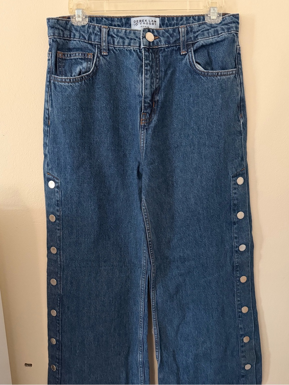 10 Crosby Derek Lam Dark Blue Wide-Leg Snap-Trim Jeans - Picture 2 of 3